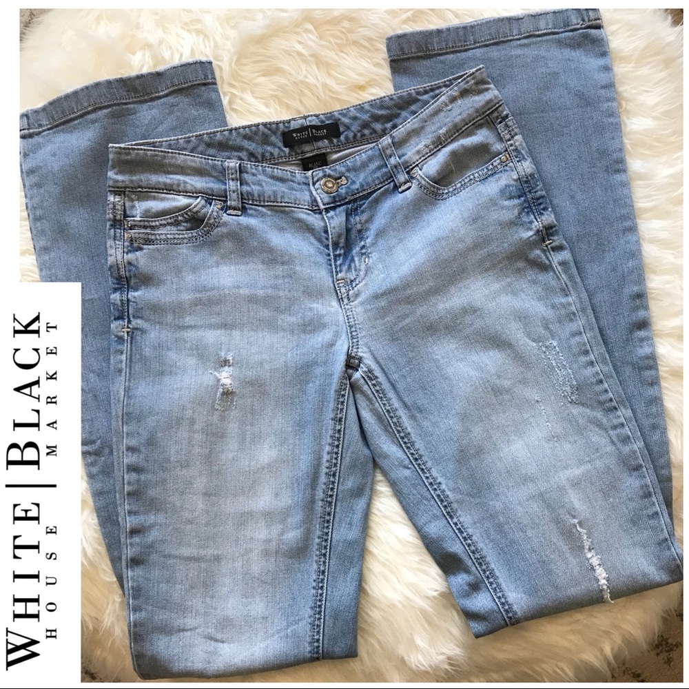 WHBM Flare Blanc Jeans Distressed Crystal Details